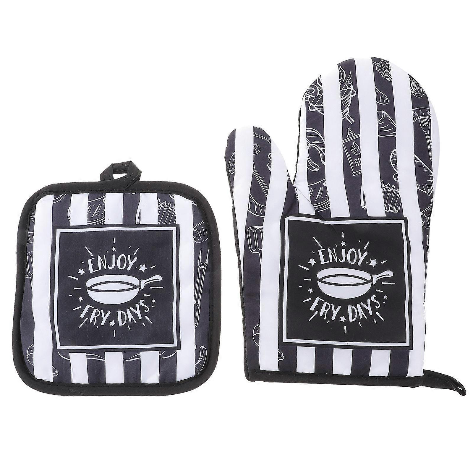 Oven Mitts Heat Resistant Pot Holder Pad For Home Use 1Set Polyester Black Rectangular Cooking Baking Protective