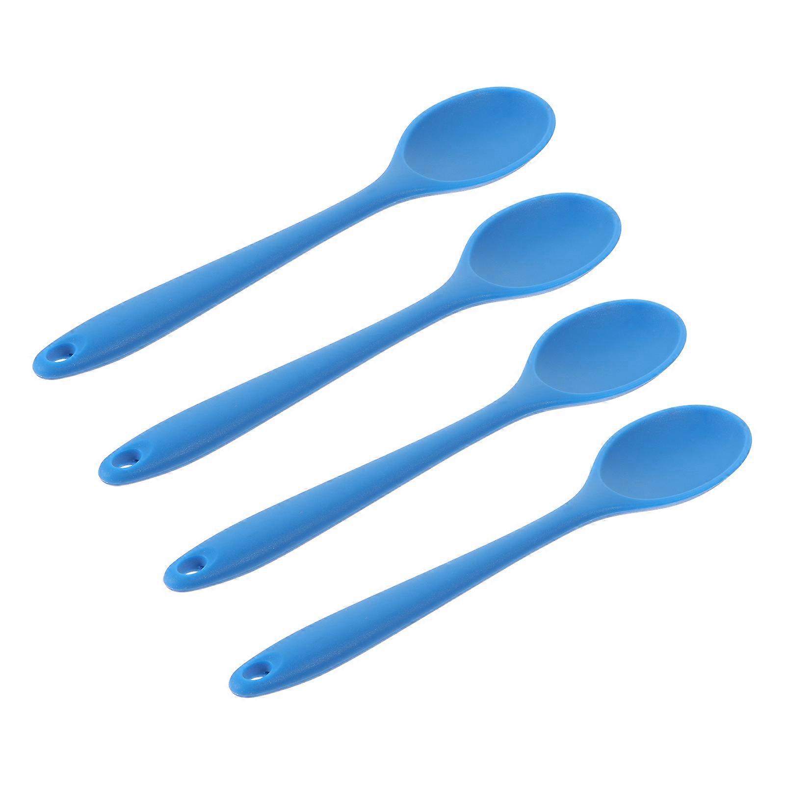 4pcs Heat Resistant Blue Silicone Cooking Spoons, Multi Purpose Kitchen Mixing & Serving Utensils with Rounded Edges for Soup, Porridge, and Buffet