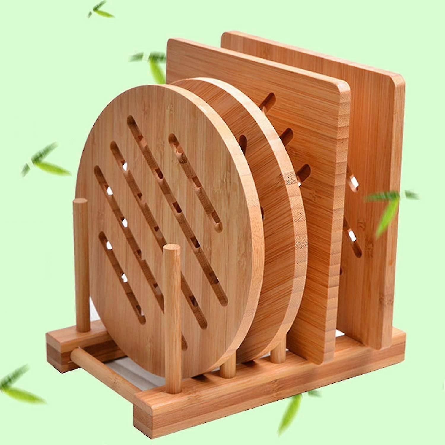 Bamboo Trivet Set 2 Square & 2 Round Hot Pads for Pots Dishes Bowls