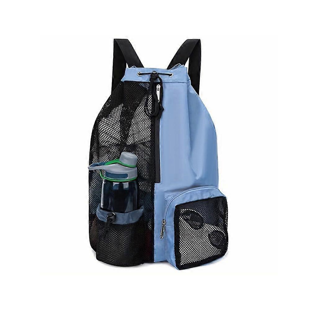 Beach Backpack with Drawstring, Waterproof Mesh Sports Bag, Gym Bag with Water Bottle Bag for Swimming, Beach and Pool Blue