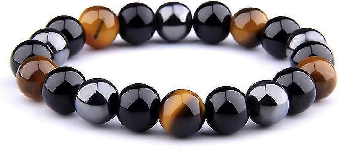 Triple Protection Bracelet with Black Obsidian, Hematite & Tiger Eye - Natural Gemstone Beads for Spiritual Balance & Energy Healing