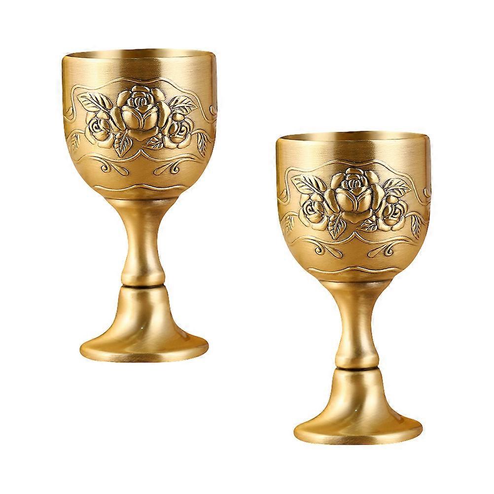 Embossed Glass Goblet Cups 2Pcs European Retro Wine Glasses Golden Perfect For Cabinet Display And Home Use
