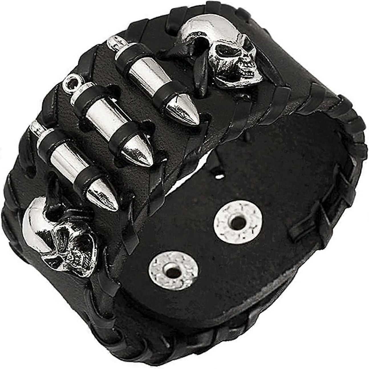 Black Punk Skull Bracelet - Adjustable Studded Cuff
