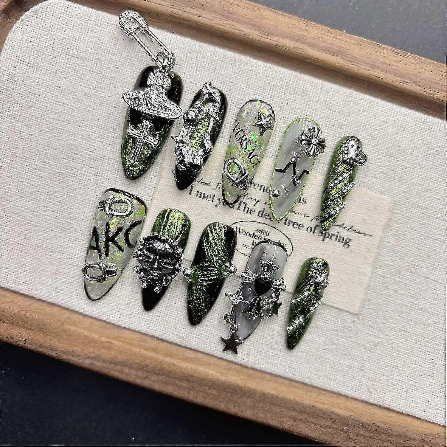 Green Press on Nails Long Pointed False Nails Handmade