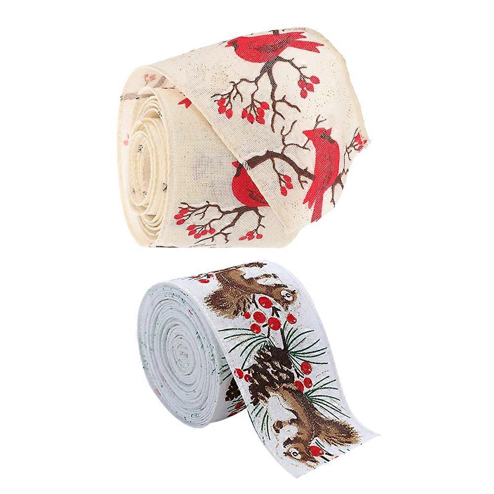 Christmas Ribbon Grosgrain Wired Edges for Home Decorating Plum Blossom Squirrel Fabric for Gift Giving 2Pcs