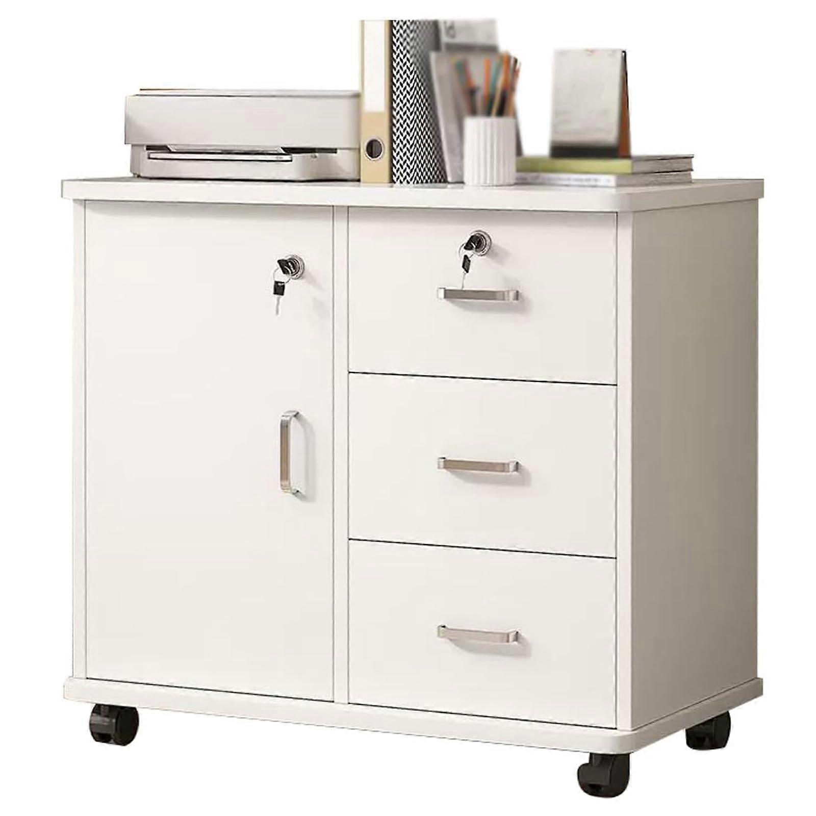 3Drawer Vertical Storage Cabinets with Lock White Mobile Office File Cabinets, Lockable Credenza, Rolling Drawer Units