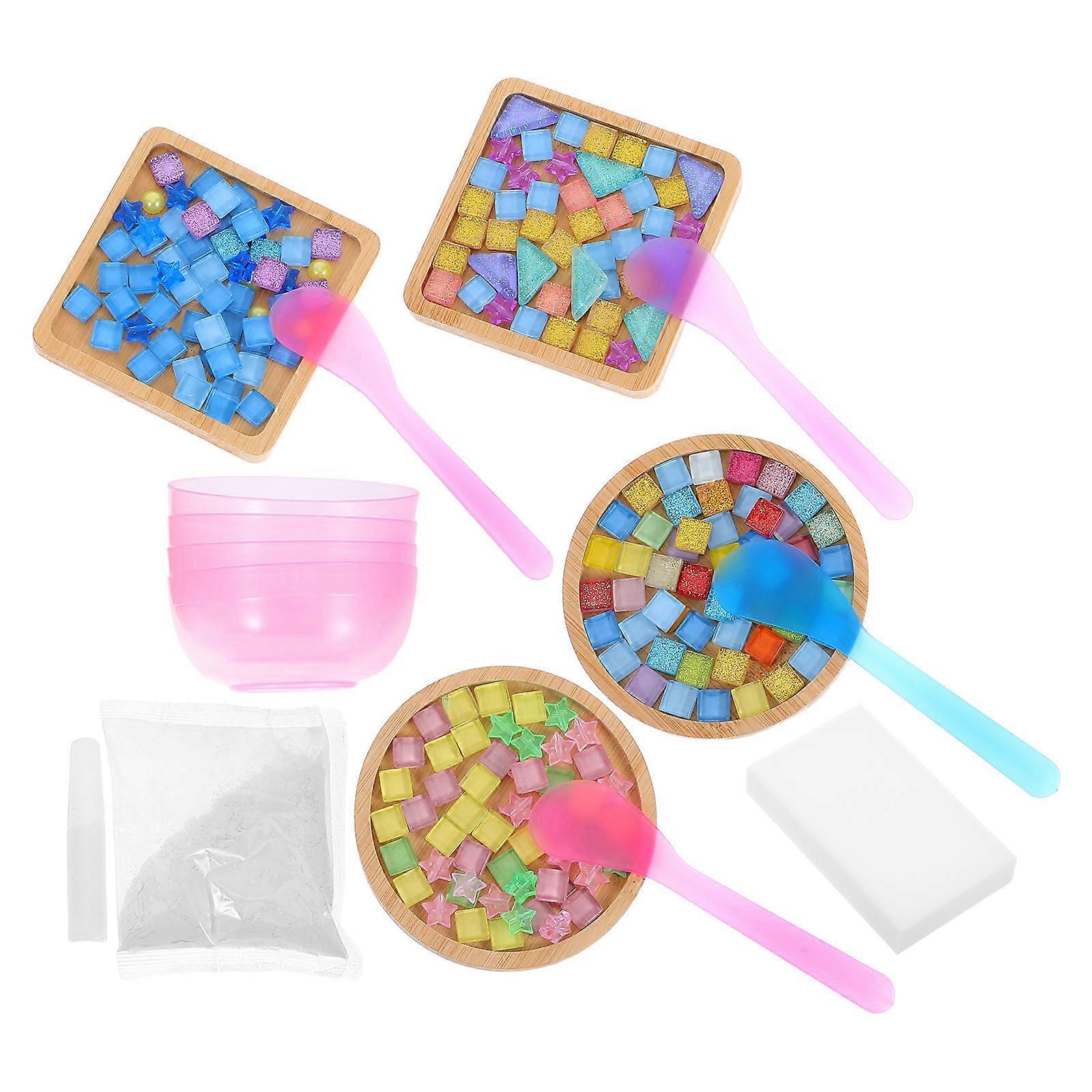 Craft Tiles Glass Acrylic Mosaic Tiles for DIY Crafts 8Sets with Bamboo Coasters
