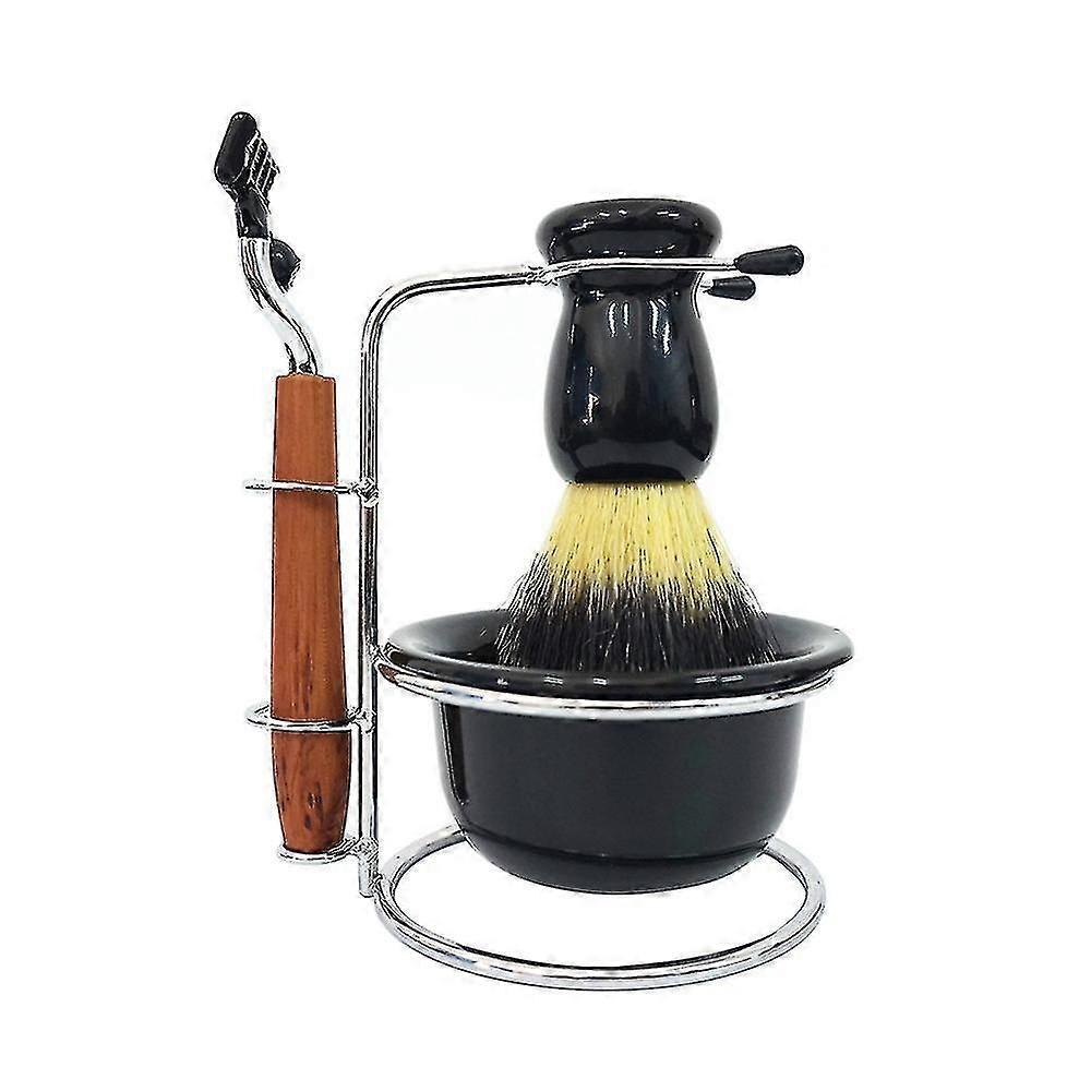 手動かみそり+ステンレス鋼スタンドホルダー+ブラシ+ボウルセットを含む、男性用4個のプロフェッショナルローズウッドシェービングブラシキット-NEHXV