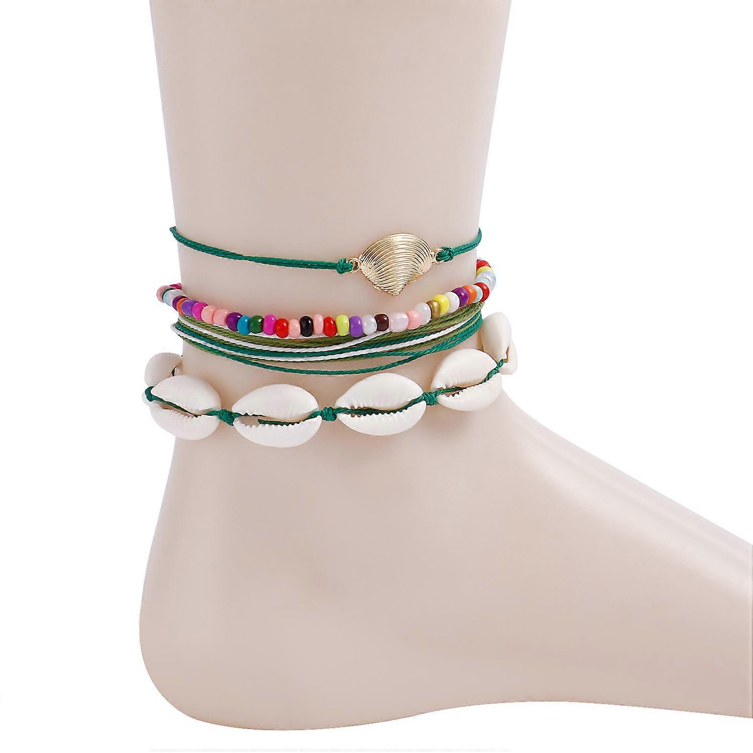 Anklet, Simple Bohemian Beach Shell Beaded Anklet with Colorful Rice Beads Pull String Design