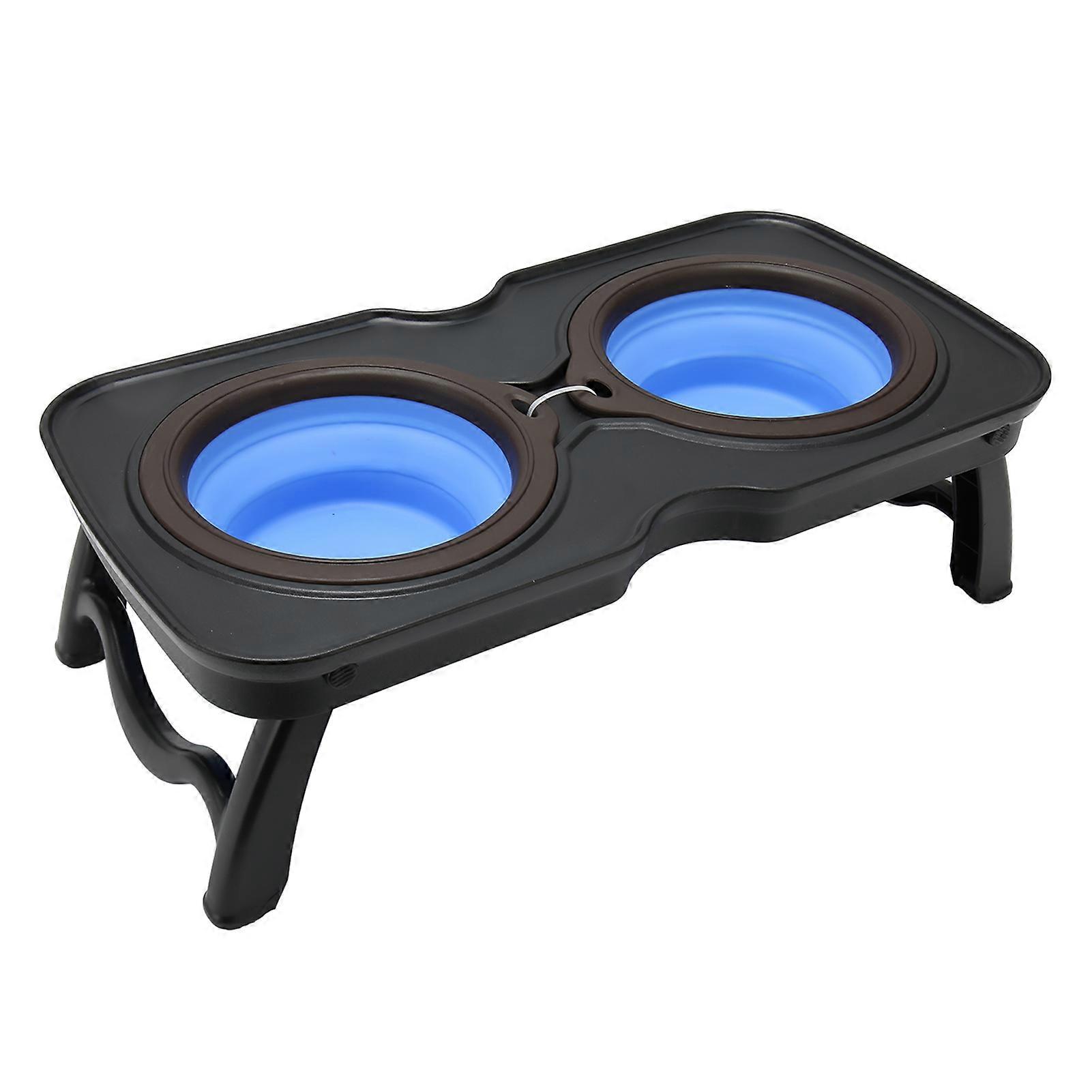 Foldable Elevated Dog Bowls Portable Double Folding Raised Dog Bowls with Stand for Outdoor Camping Travel Large, Blue 