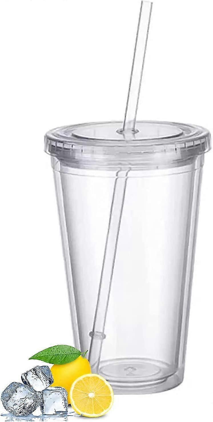 Reusable Plastic Cups,acsergery Double-walled Transparent Drinking Cup With Straw