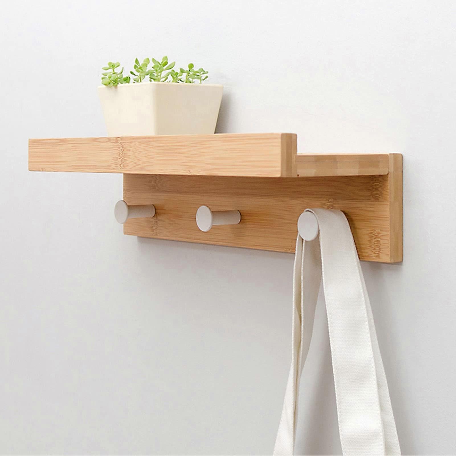 Wall Mounted Coat Rack Shelf, Entryway Shelf With Four Hooks, Upper Shelf, Wood Color Finish, For Hallway Or Living Room