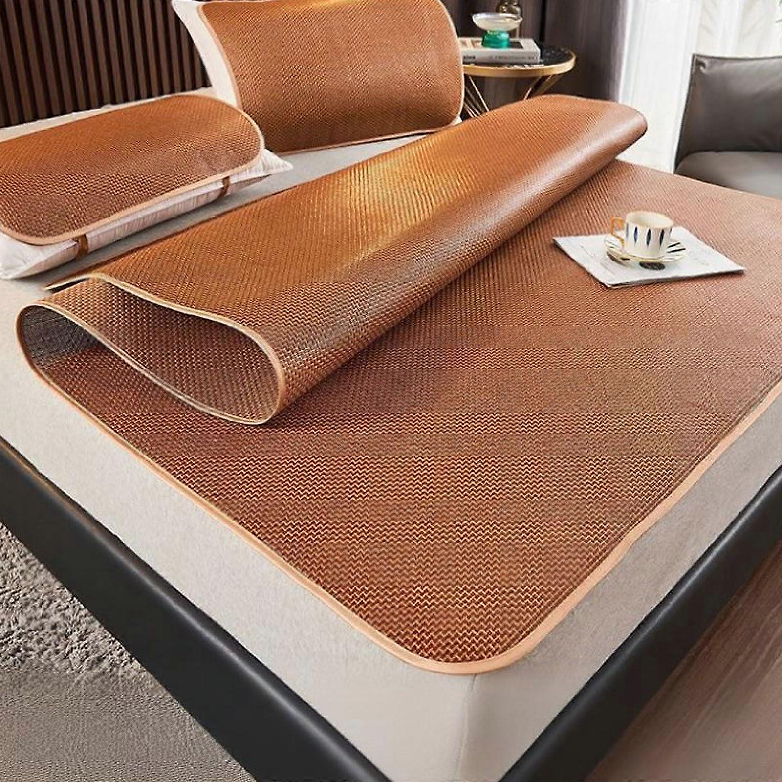 Cooling Blanket for Summer, 180x200 cm Bamboo Sleeping Mat, Breathable Rattan Woven Foldable Blanket with Pillowcase for Bed and Sofa