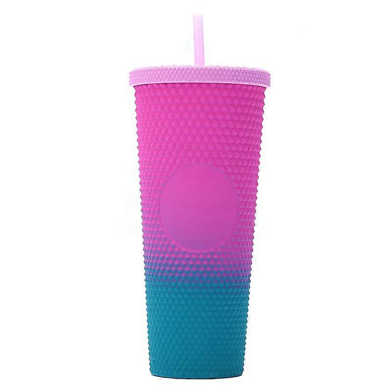 Gradient Pink-Green 701-800ml Double-Layer Plastic Straw Cup, Large Capacity, Creative, Electroplated Gradient Color, Durian-Shaped Cup