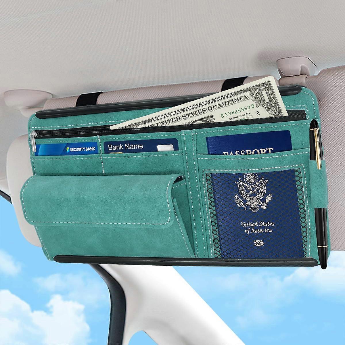 Car Sun Visor Organizer with Multi Pockets PU Leather Universal Fit for Sunglasses and Documents Blue
