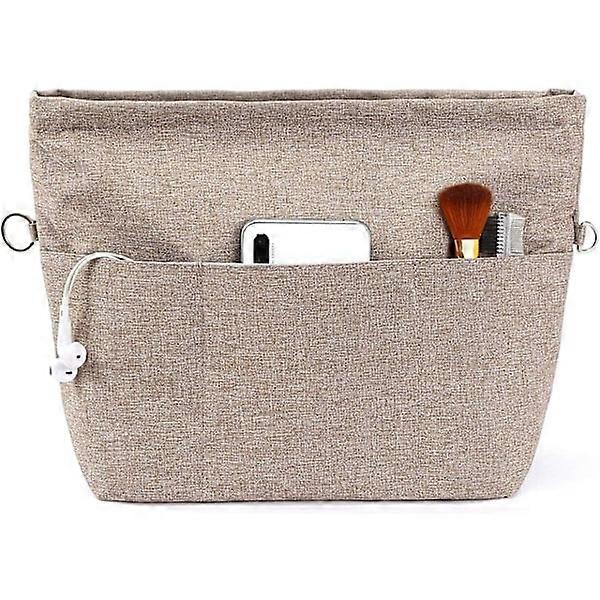 Handbag Organizer, Tote Bag Insert with Multiple Compartments and Zippers, Sturdy Bag Insert with Keychain. Light Brown, S[JSR] S