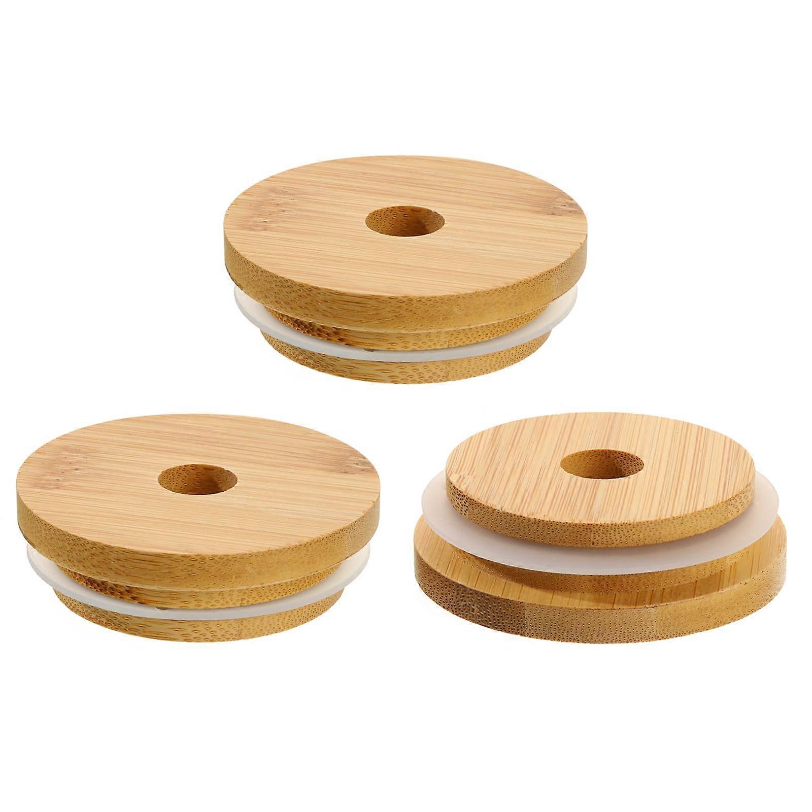 68mm Bamboo Mason Jar Lids with Straw Hole, 3pcs Reusable Wide Mouth Lids with Airtight Silicone Seal