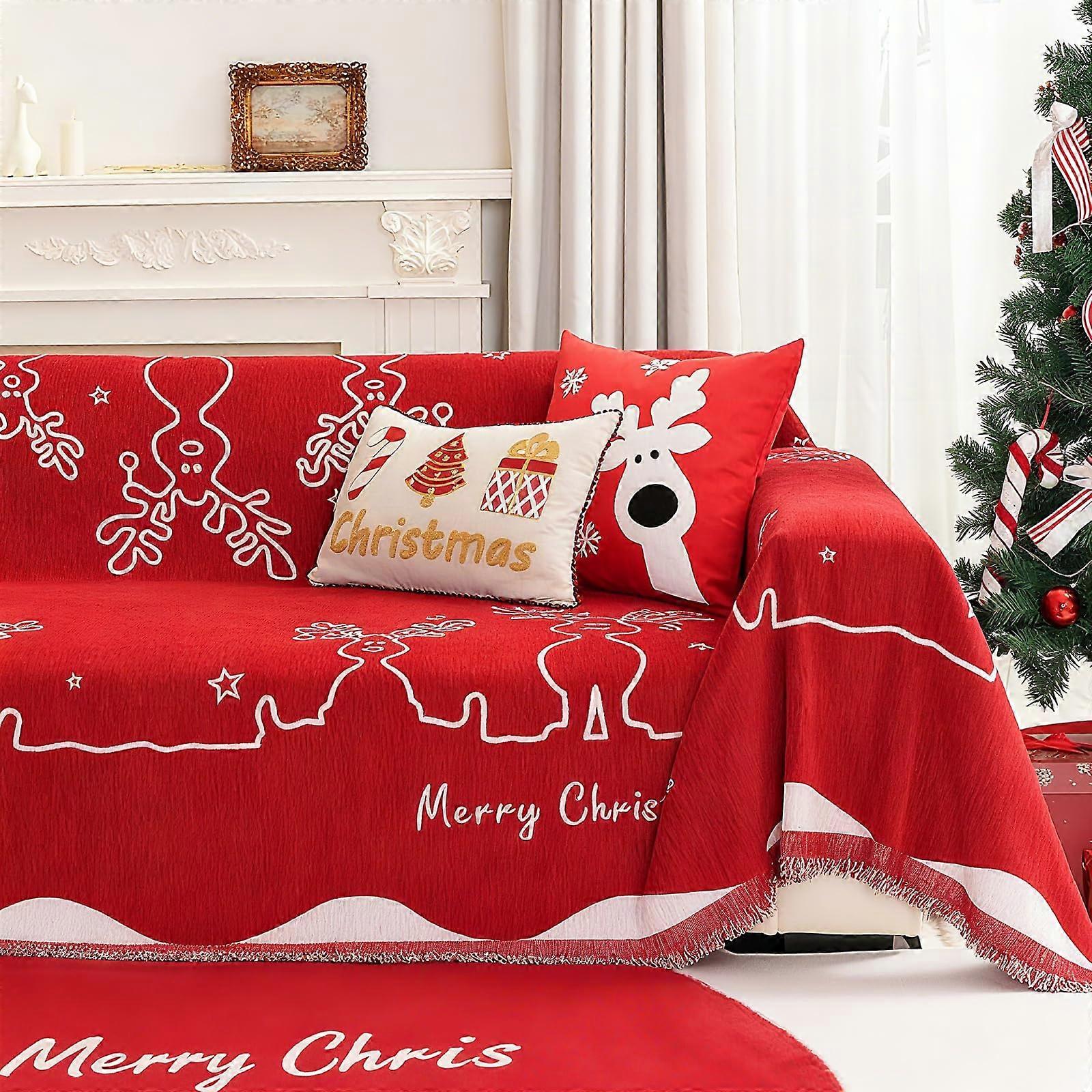 Christmas Sofa Cover Chenille Couch Protector Festive Elk Pattern Washable for 23 Seater