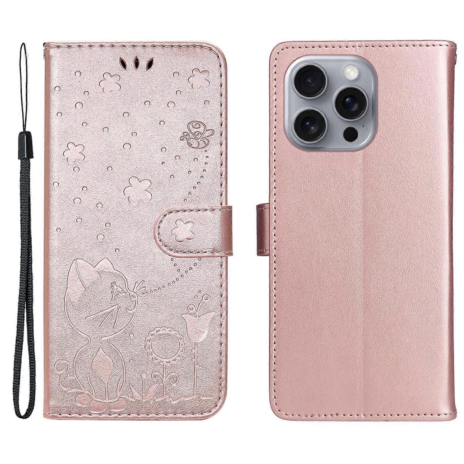 For iPhone 16 Pro Max Leather Case Cat Bee Pattern Phone Cover Wallet Stand with Strap