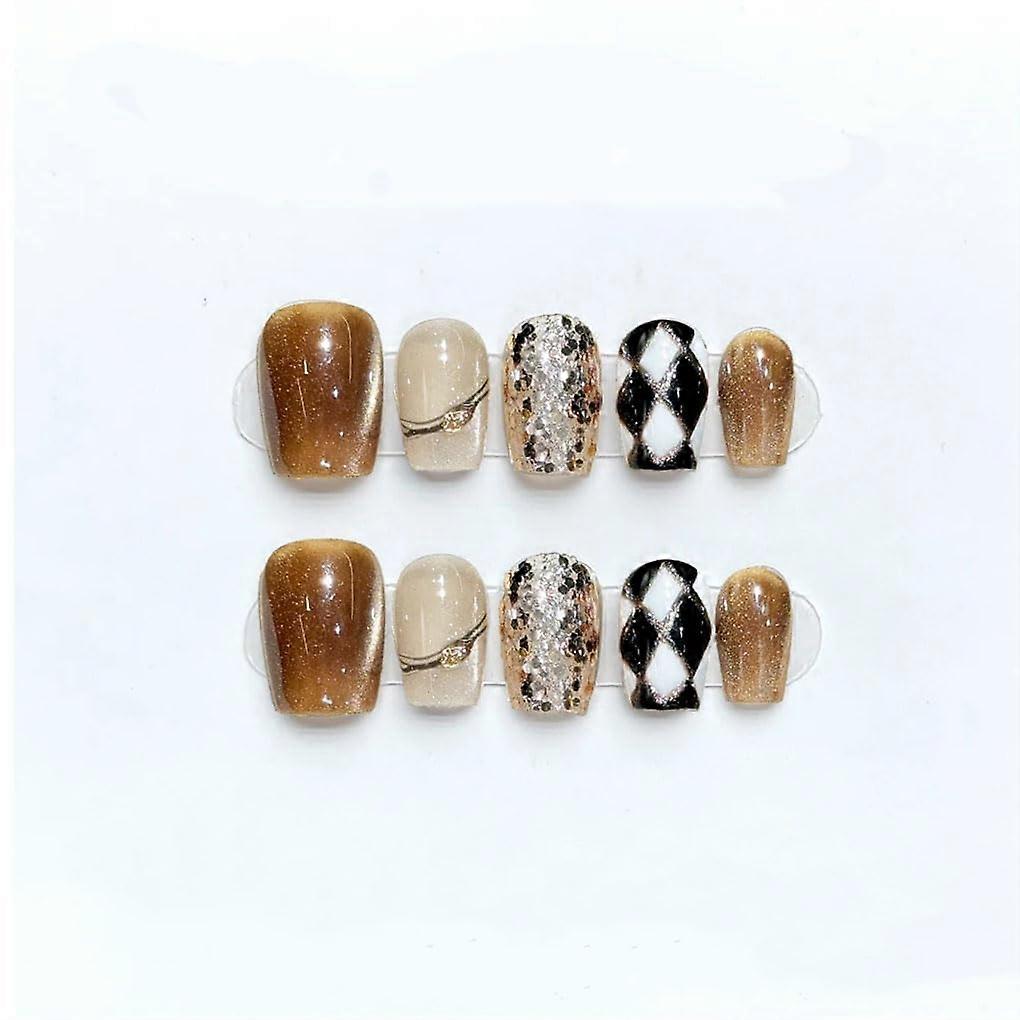 Fake Nails Set with Rhinestones Acrylic Bow Nail Art Full Coverage Press On Nails Kit