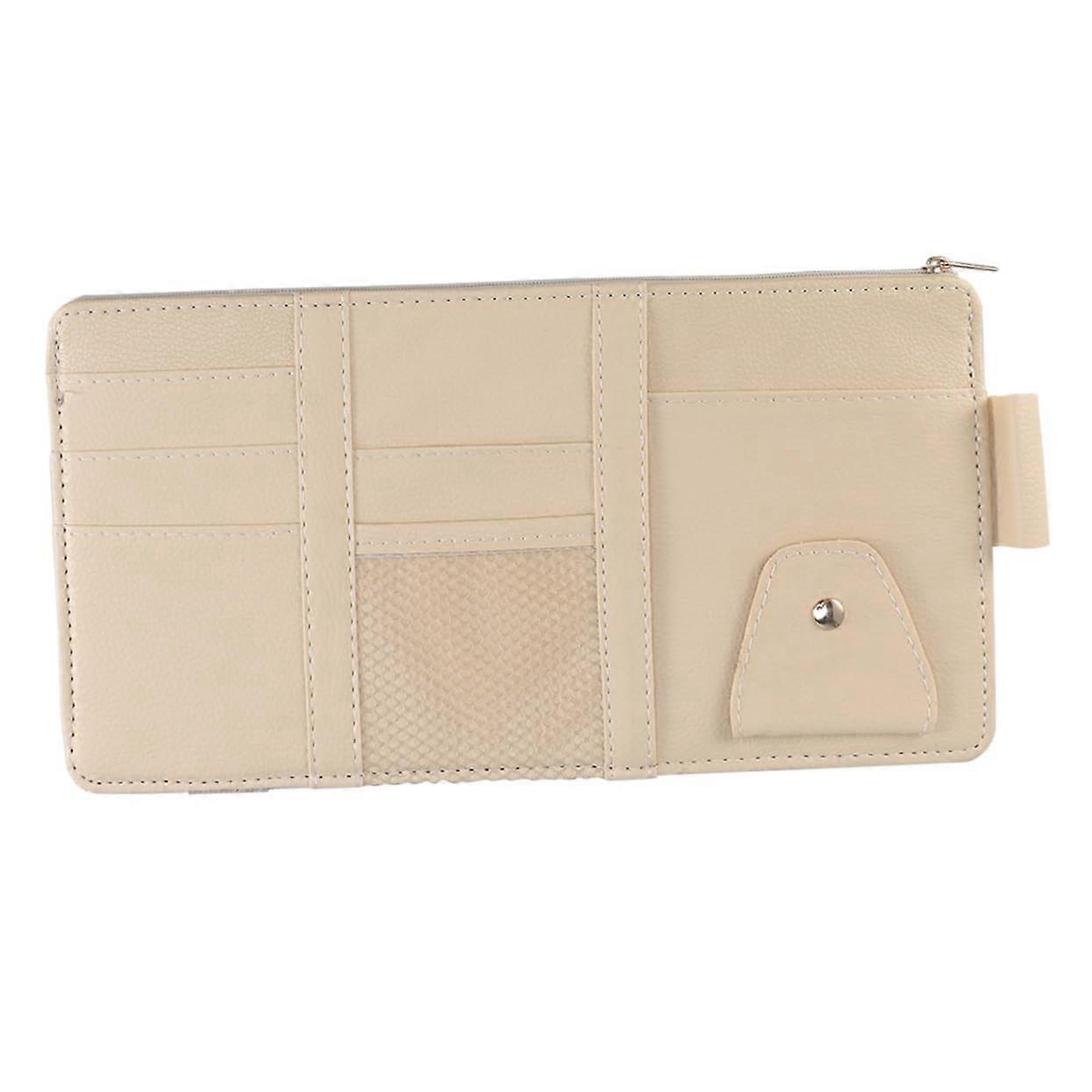 Car Sun Visor Organizer Leather Multi Pocket with Zipper Universal Storage Holder Beige