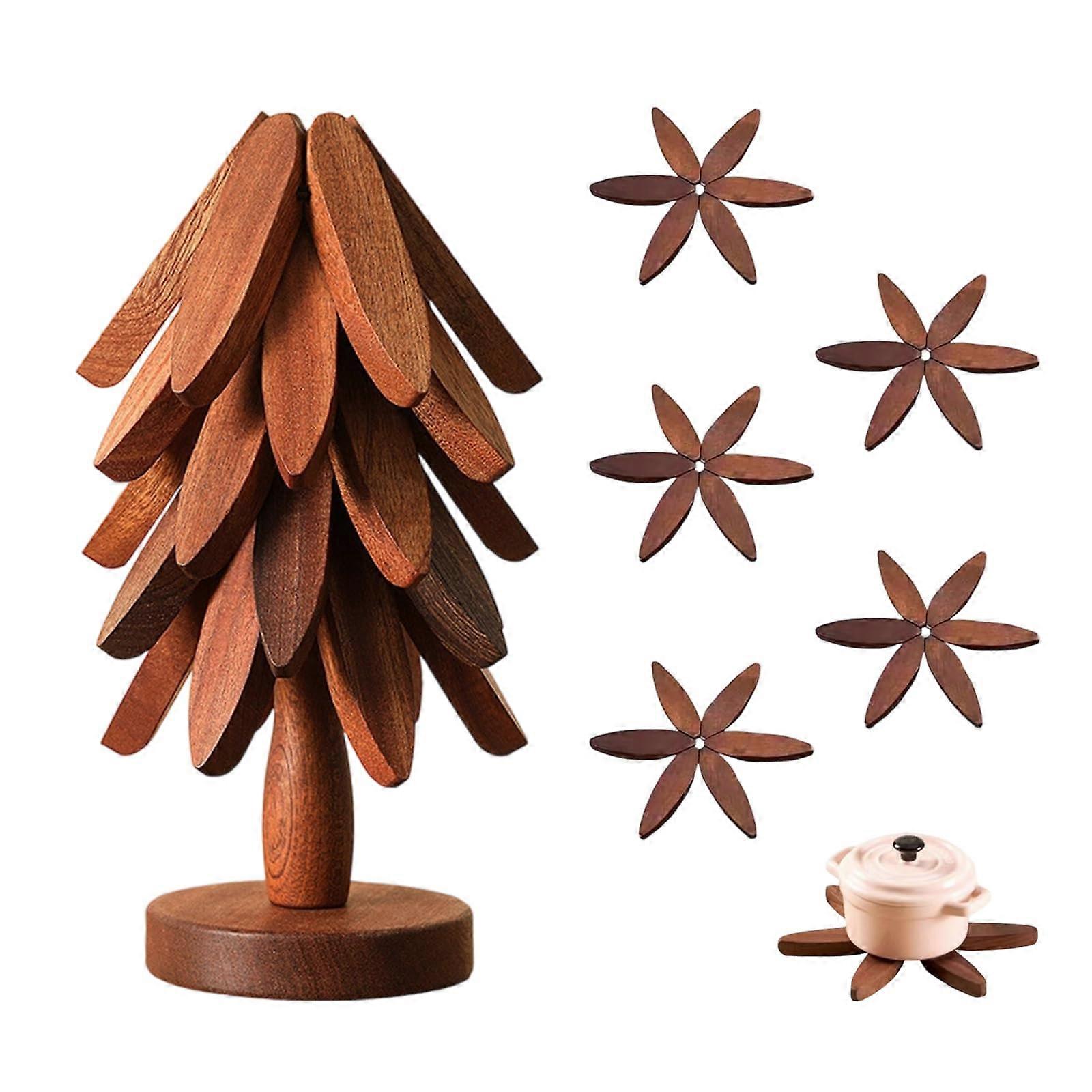 Wooden Trivet Set with Stand, Stackable HeatResistant Walnut Coasters for Hot Pots and Pans
