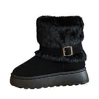 Black Women'S Soft Sole Thick Furry Insulation Short Boots Winter Warm Round Toe Flock Material Comfortable Casual Outdoor Wear
