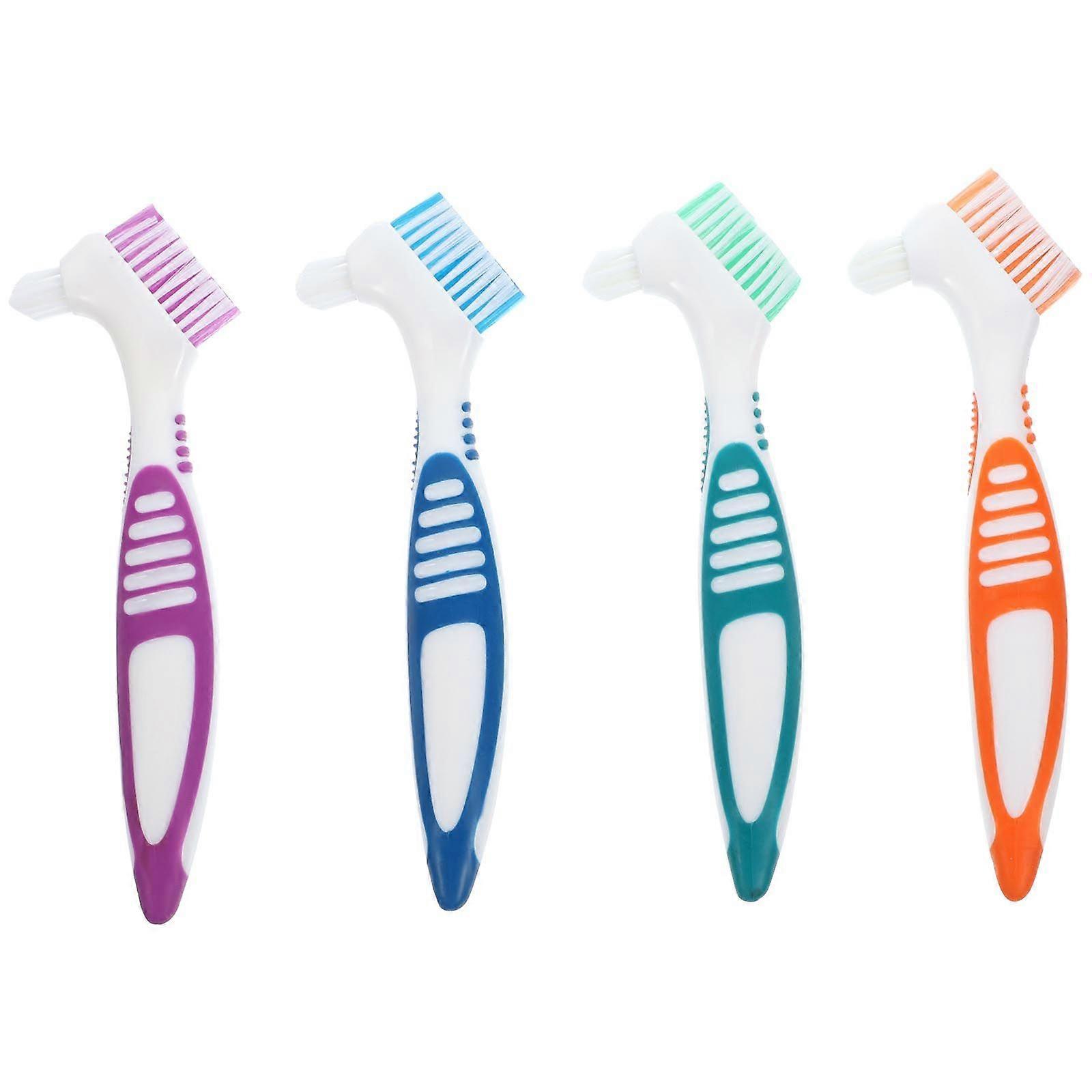 4Pcs Portable Denture Tooth Brushes Double Head Toothbrushes (Assorted Color)