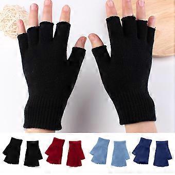 1 Pair Black Half Finger Gloves Women Men Woolen Yarn Knitting Gloves Solid Color Elastic