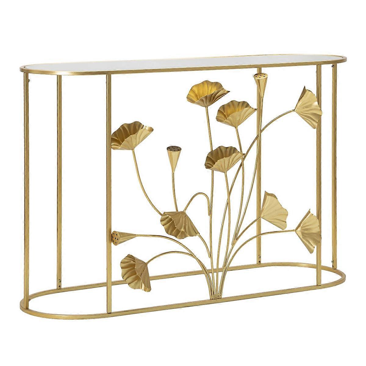 Console Flow oro con top a specchio e decori botanici in ferro