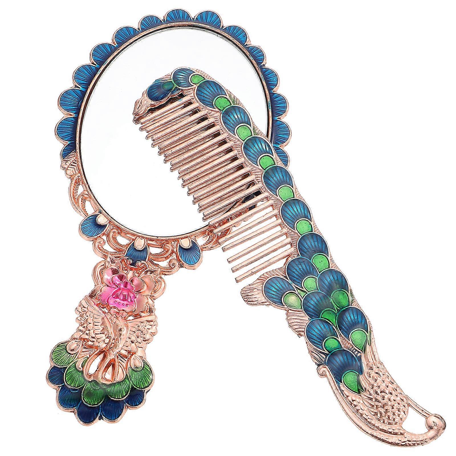 Vintage Hand Mirror Peacocks Pattern with Comb 4Sets for Home Use