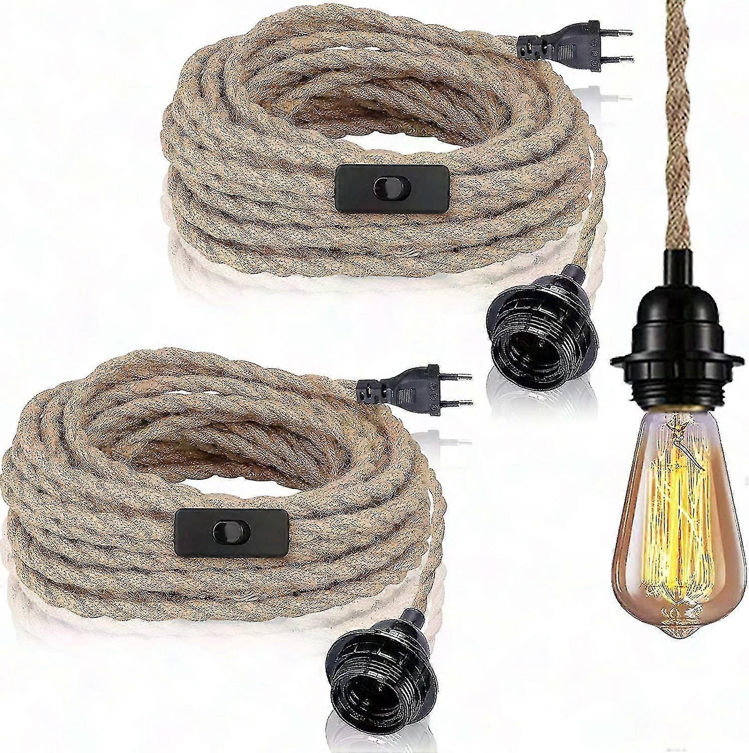 2 Pack Hemp Rope Pendant Lights with Switch, 4.5m Cable, E27 Socket for Kitchen Dining Table Bar