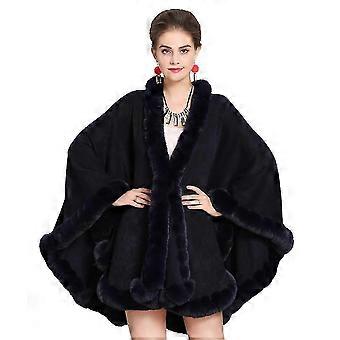 Long Wraps Shawls Winter Warm Cape with Faux Fur Trimming for Lady Black_ynar
