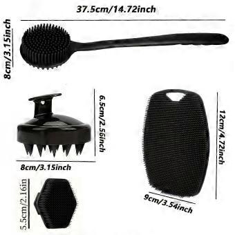4 Pcs Shower Brush Set, Gentle Frosted Long Handle Body Brush with Soft Silicone Bristles, Non-Slip Grip for Back Face Scalp Massage and Exfoliating C