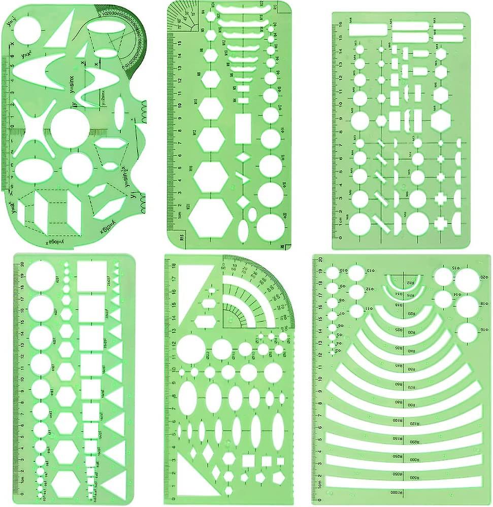 Measuring Templates (6 Pcs) Plastic Geometry Stencils Template Geometric Rulers Stationary Tool Kit for Office and School, Building Formwork, Drawings