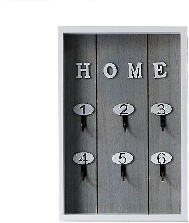 Wooden Wall Key Box With 6 Hanging Key Hooks Gray