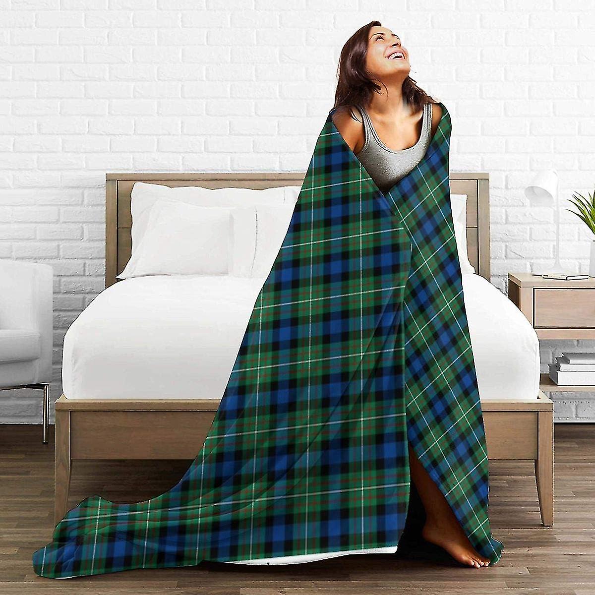 Tartan Green Blue Throw Blanket Tartan Green Fleece Bedding