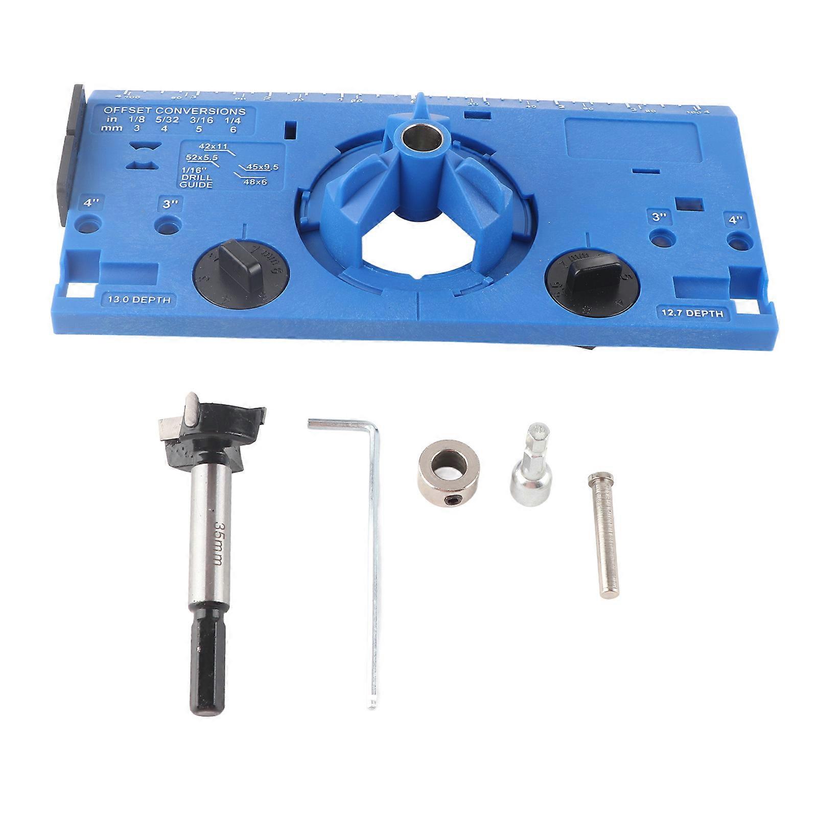 35mm Hinge Boring Jig Woodworking Hinge Hole Drilling Guide Locator with Cutter and 1/16in Bit Blue