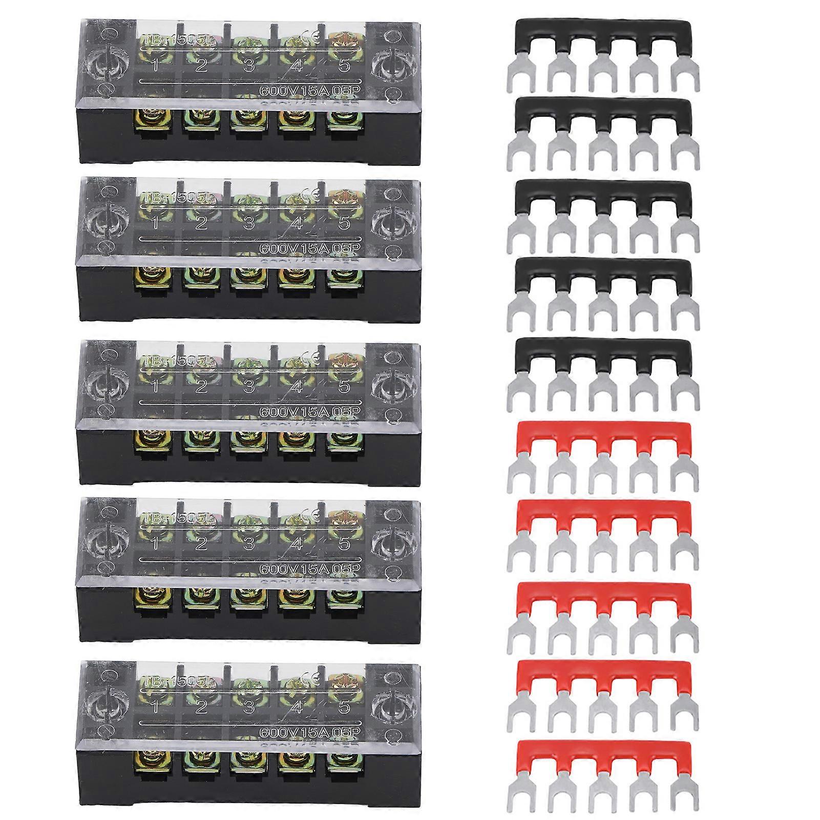 5pcs Dual Row 5 Positions 600V 15A Screw Terminal Block+10 Pre insulated Terminal Barrier Strip