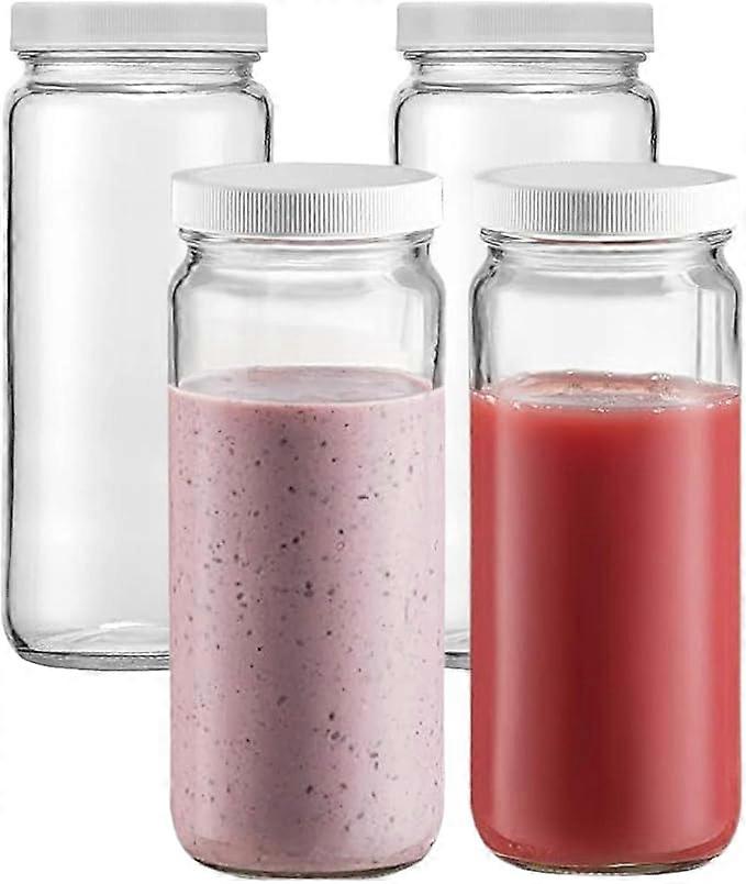 4-Pack Juicing Glass Bottle Set - 16 Ounces Jars with Lids for Juice, Smoothies, Water, Milk, Beverage Storage - Large Jars, Clear, Durable, Reusable,