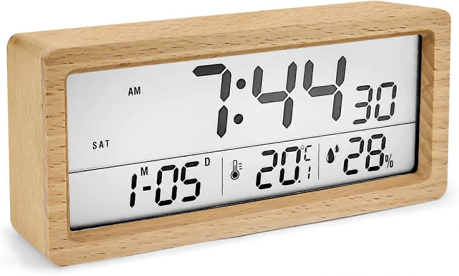 Wooden Digital Alarm Clock, LED Digital Alarm Clock with Snooze Function/12/24H/Date/Temperature/Humidity Display, Battery Powered Digital Clock3 AAA 