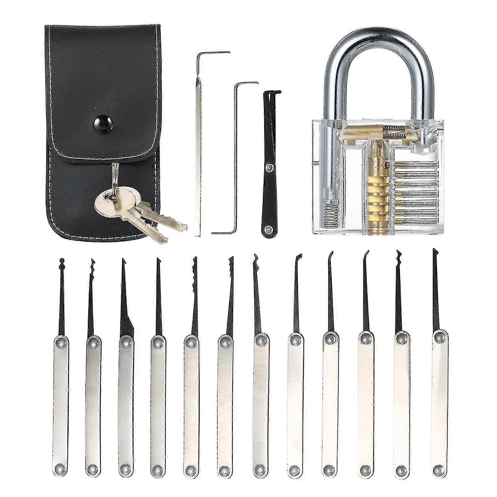 Transparent 15pcs Lock Picking Set Kit Tool With Transparent Practice Training Padlock Lock For Locksmith Beginners And Professional