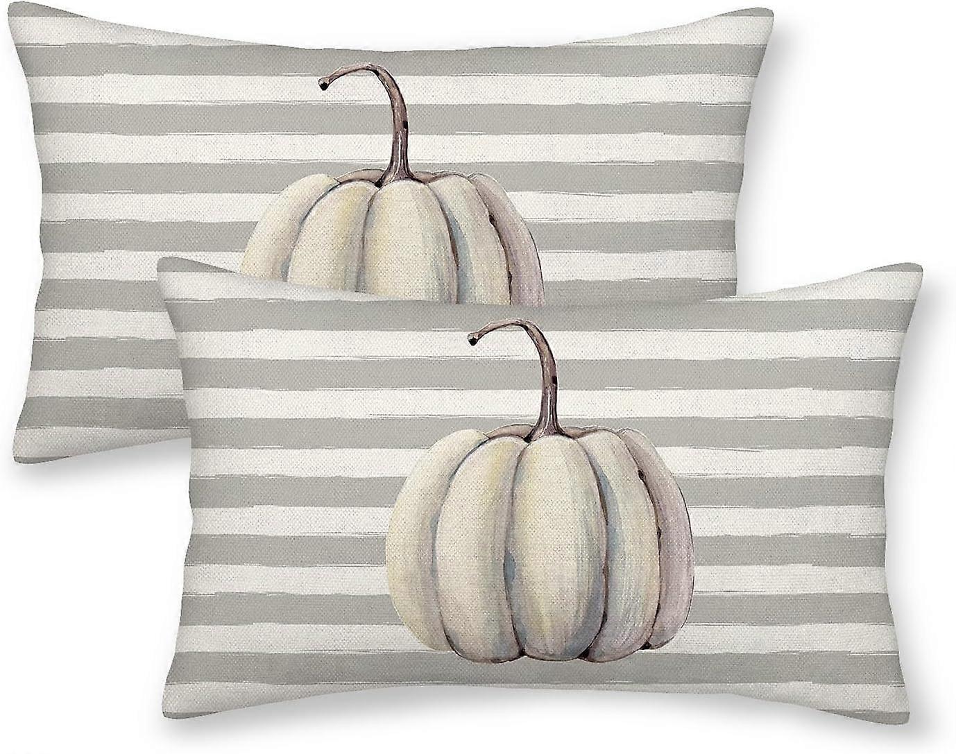 Podzimní obaly na polštáře 12x20 palců Sada 2,Šedý povlak na polštáře s dýní,Šedé pruhy Podzimní venkovní dekorativní čtvercové prádlo Venkovská dekorace sklizně Cus
