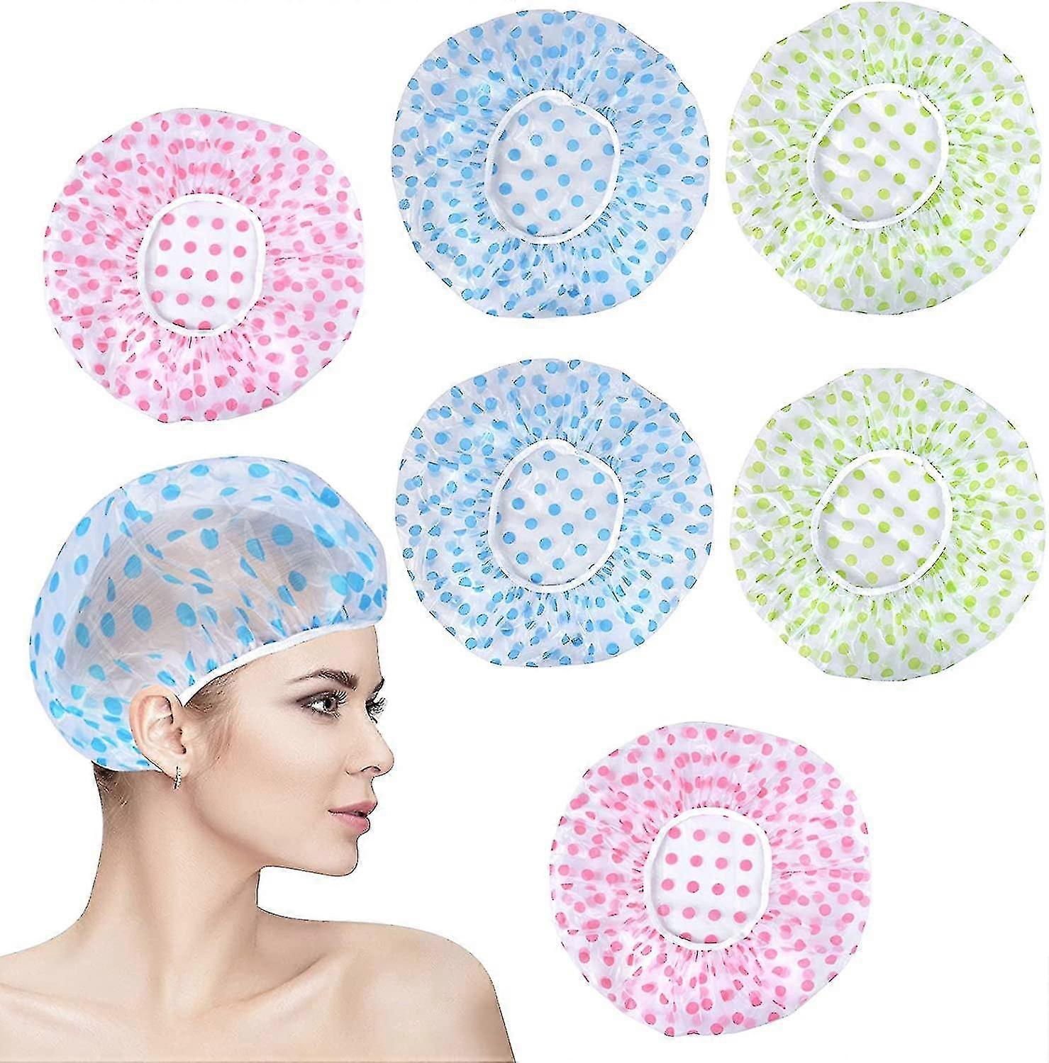 6 Pcs Printed Shower Caps Polka Dot, Bath Caps With Elastic Band, Reusable