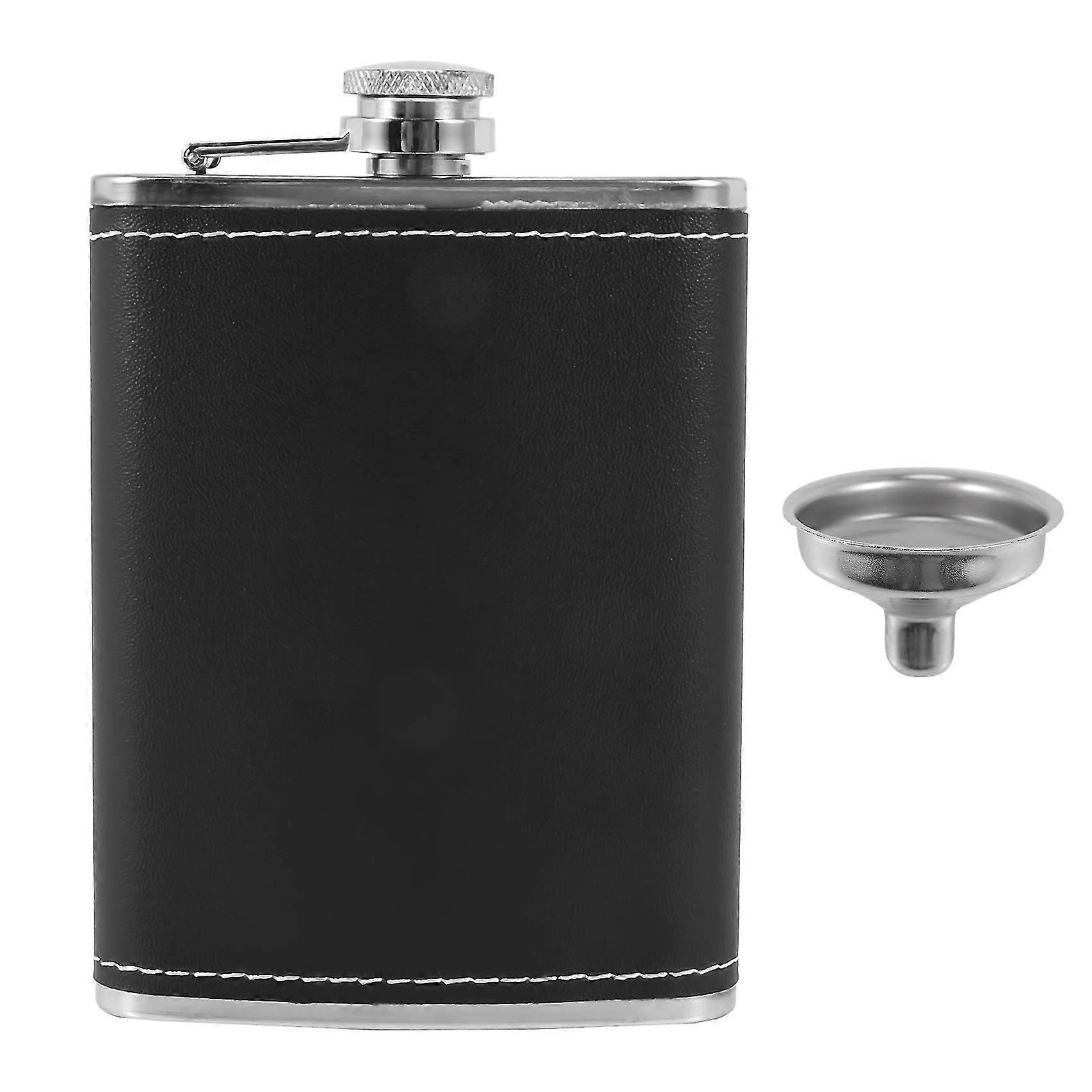 Cantil de Bolso 8 Oz Com Funil de Aço Inoxidável Com Capa Envolvida em Couro Preto e À Prova de Vazamentos - Serve Para Qualquer Terno Para Beber Bebidas Discretas