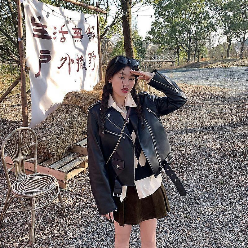 Womens Motorcycle Leather Jacket Cowhide Casual Leather Jacket