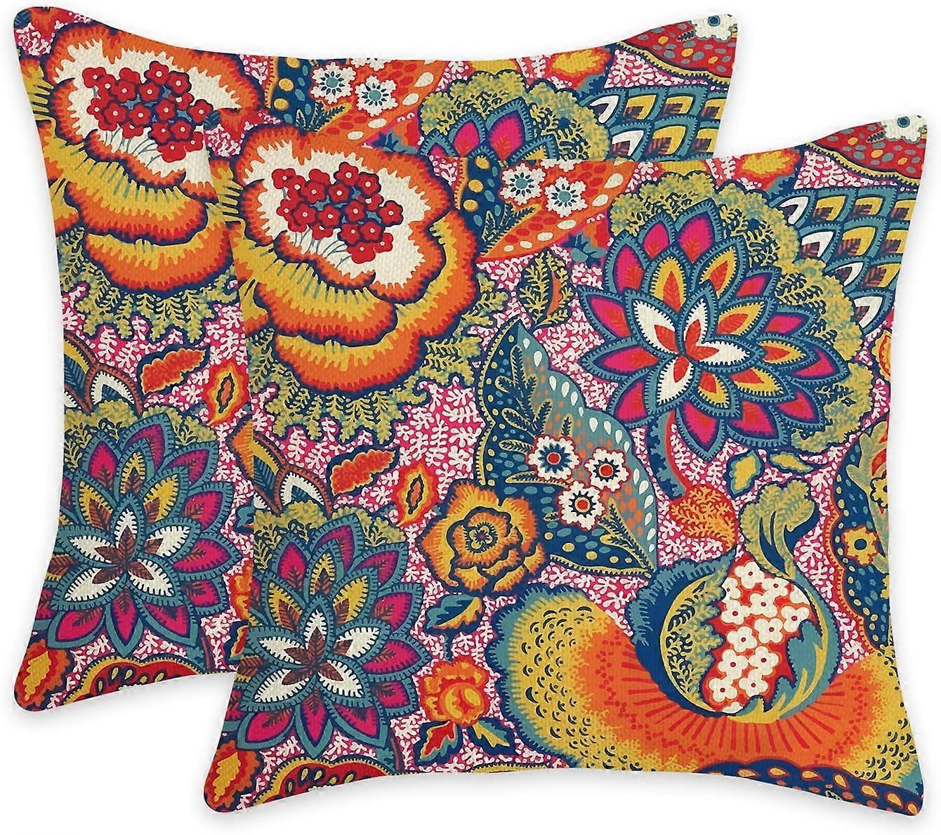 Bohemian style warm colored flowers 2PCS Pillow Covers Without Insert 18'x18' Pillow Case for Home Decorative Cushion Cover Men Women Boy Girl Room Cu