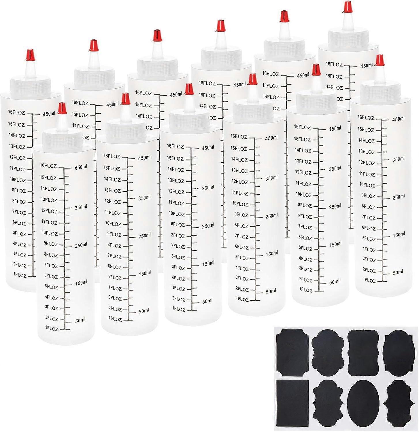 15oz Plastic Squeeze Bottles with Scale Red Tip Cap 450ml Squirt Bottles with Sticker Labels for Glue Acrylic Paint Arts & Crafts 12 Pack