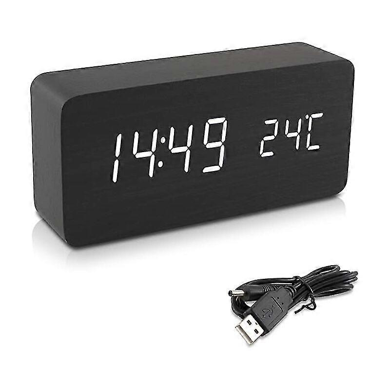(black) Wooden Led Alarm Clock - Wooden Look Digital Clock - Touch Alarm Clock With Date Time Temperature Function - White Rectangle And Led