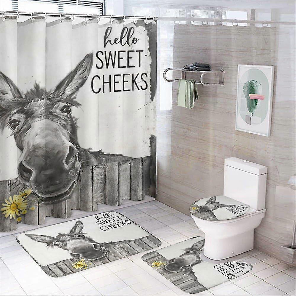 4PCS Shower Curtain Sets with Rugs Funny Donkey Shower Curtain Farmhouse Rustic Shower Curtain Sets Black and White Shower Curtain Sets with Non-Slip 